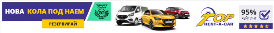 Реклама за наем на нова кола с логото на Top Rent-A-Car и оценка 95%.